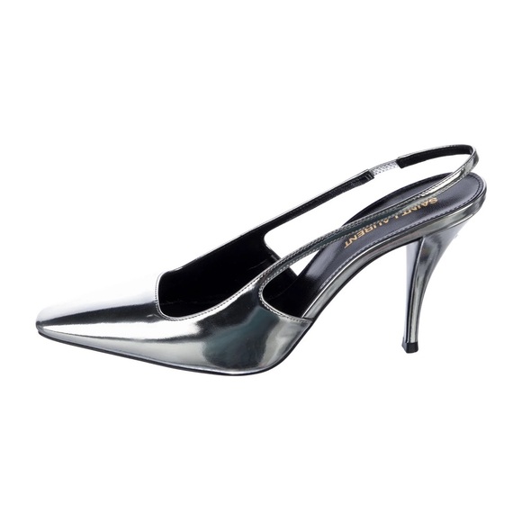 YSL Saint Laurent Patent Tom 90 Blade Leather Slingback Pumps Silver 37.5 $945 - Picture 5 of 8